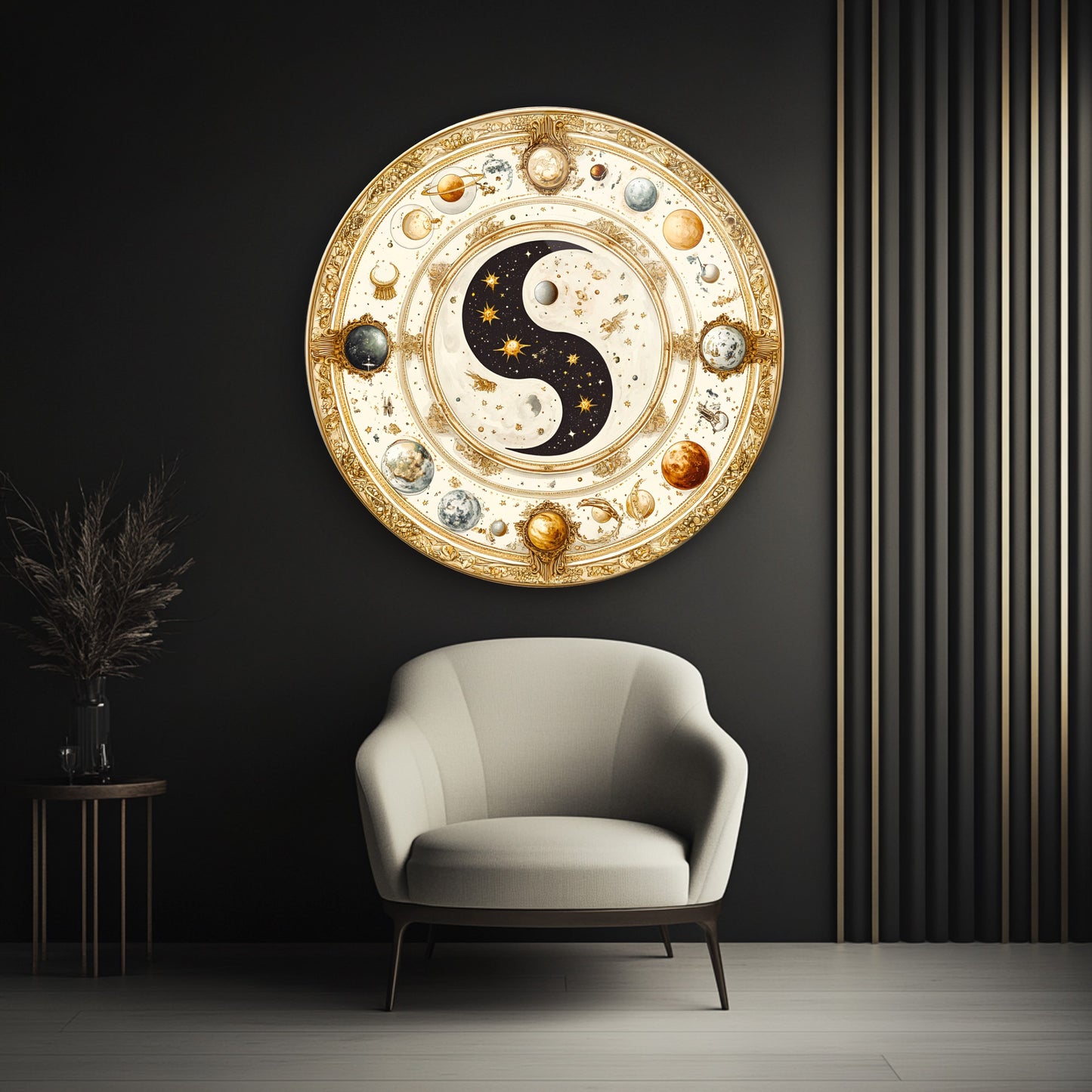 Ying Yang ve Gezegenler Yuvarlak Cam Tablo