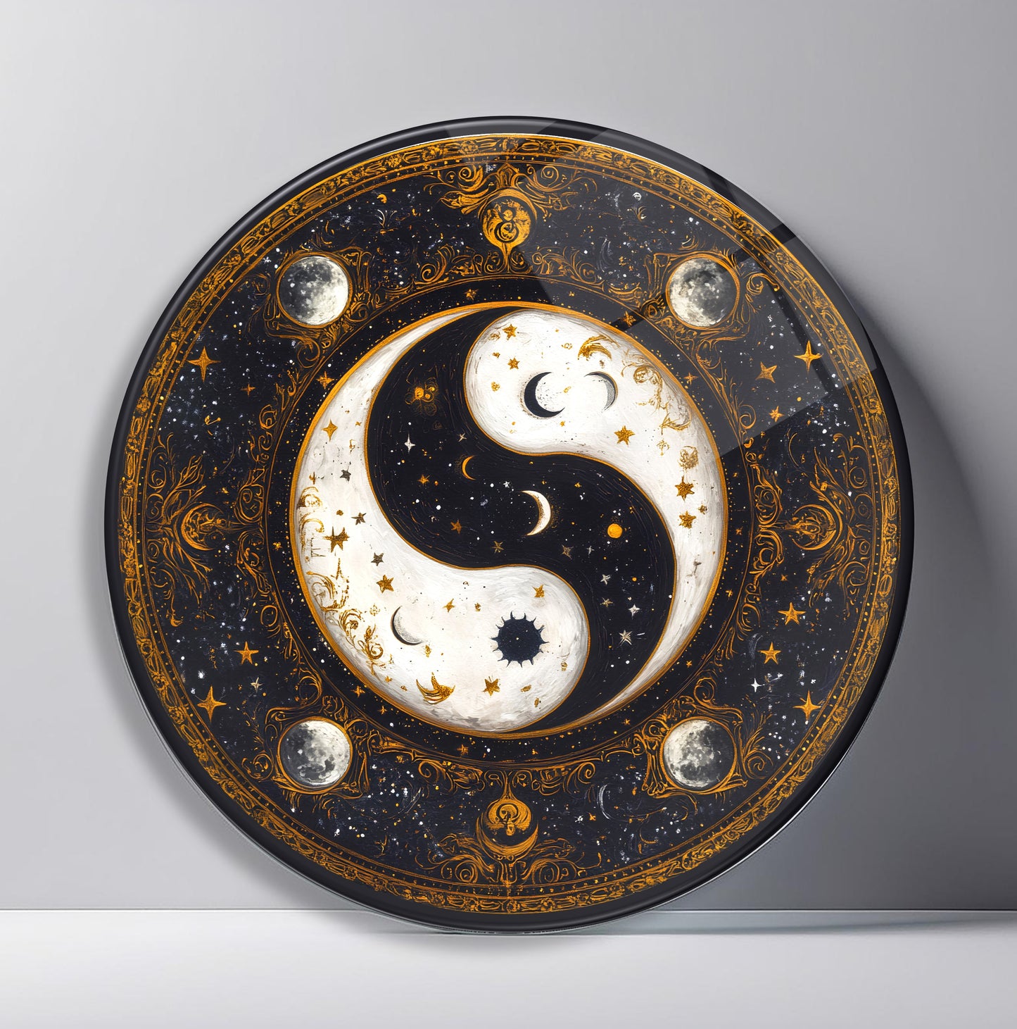 Gold Ying Yang Yuvarlak Cam Tablo