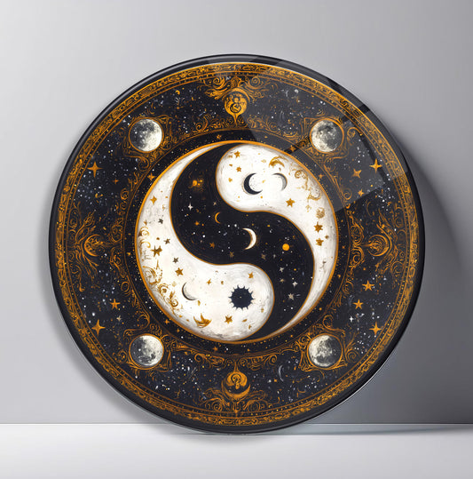 Gold Ying Yang Yuvarlak Cam Tablo