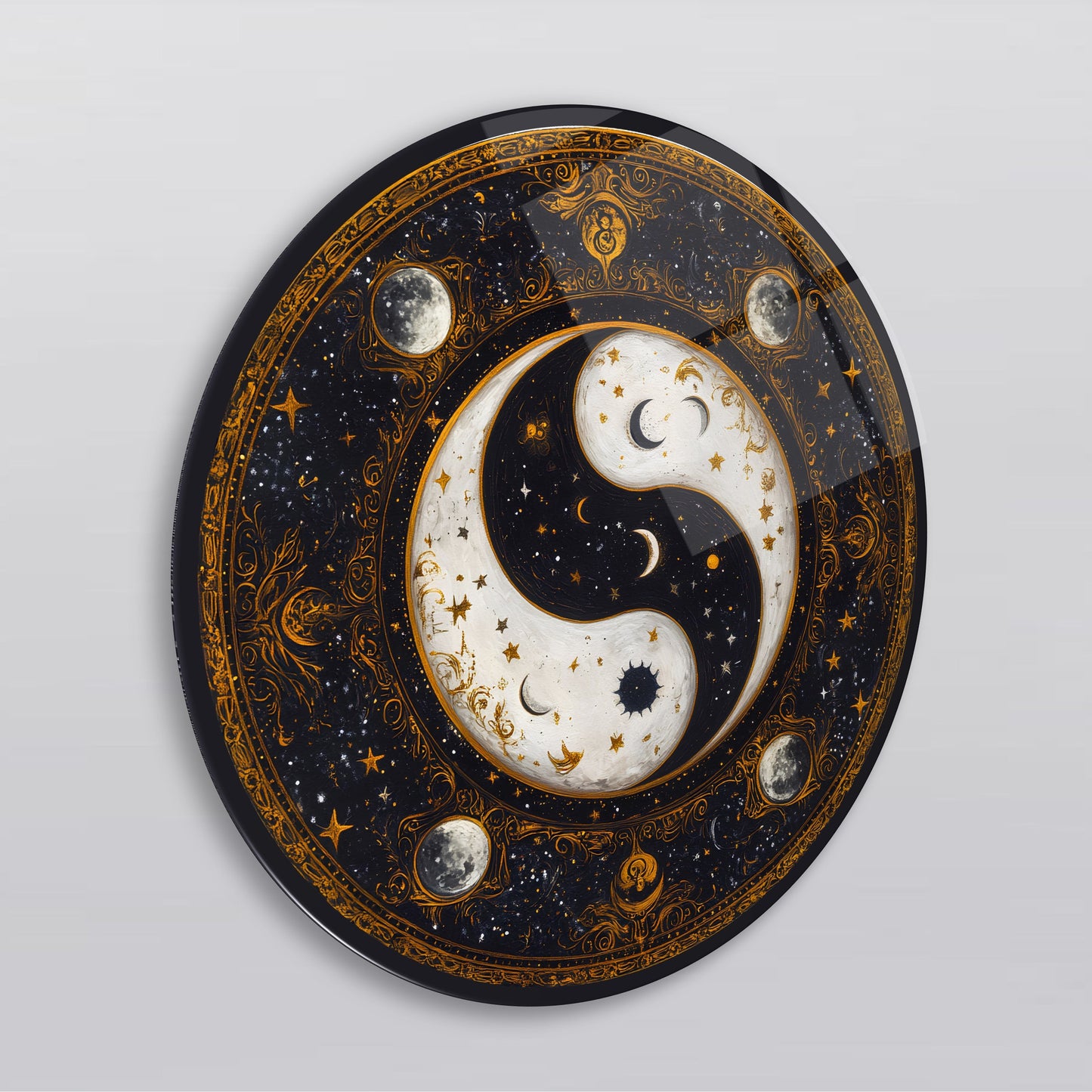 Gold Ying Yang Yuvarlak Cam Tablo