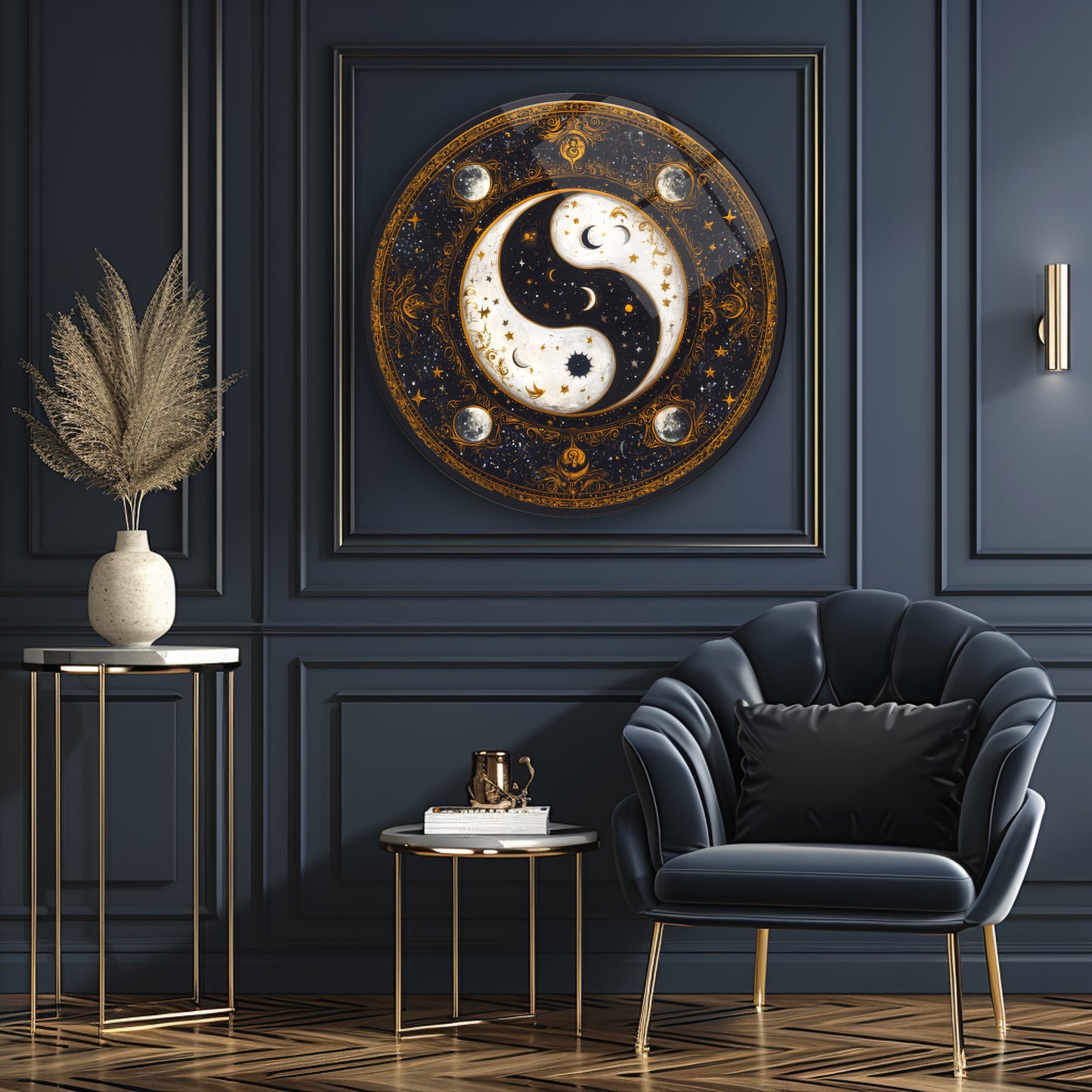 Gold Ying Yang Yuvarlak Cam Tablo