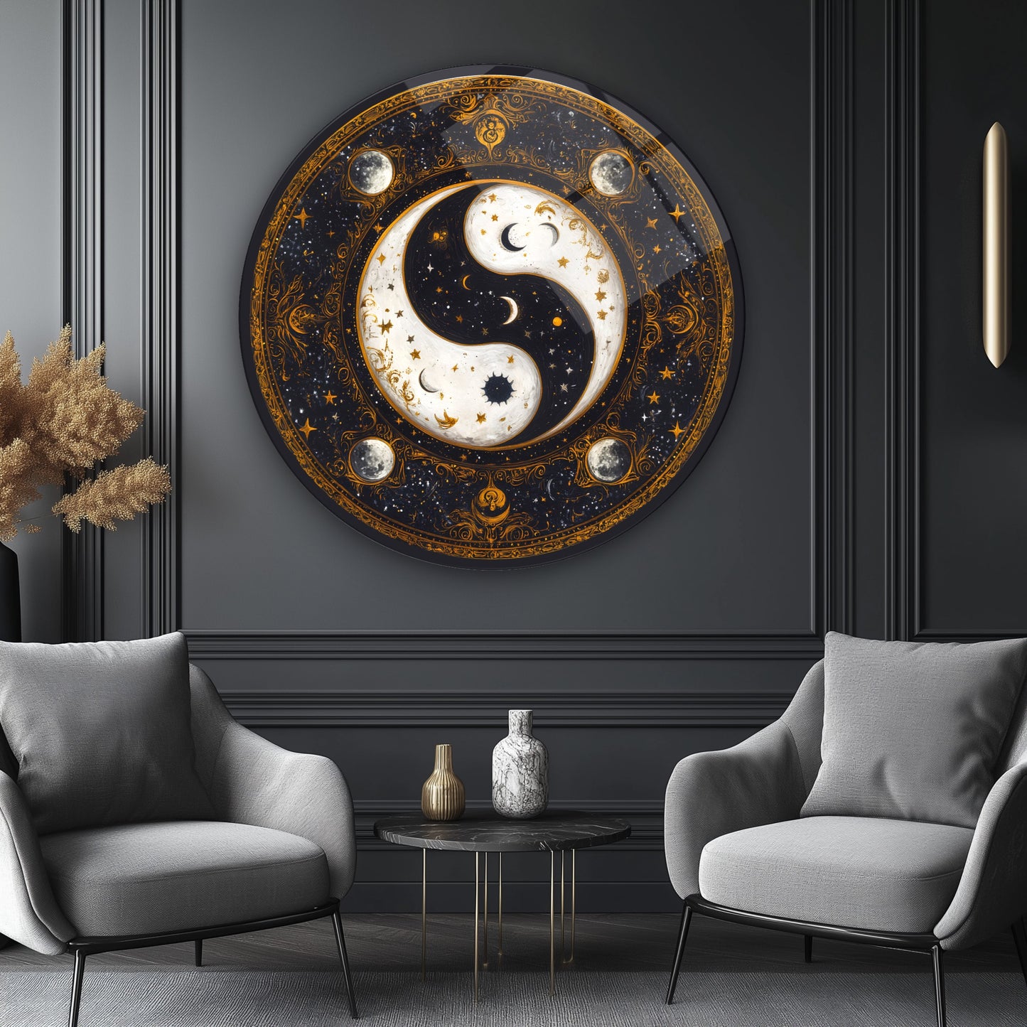 Gold Ying Yang Yuvarlak Cam Tablo