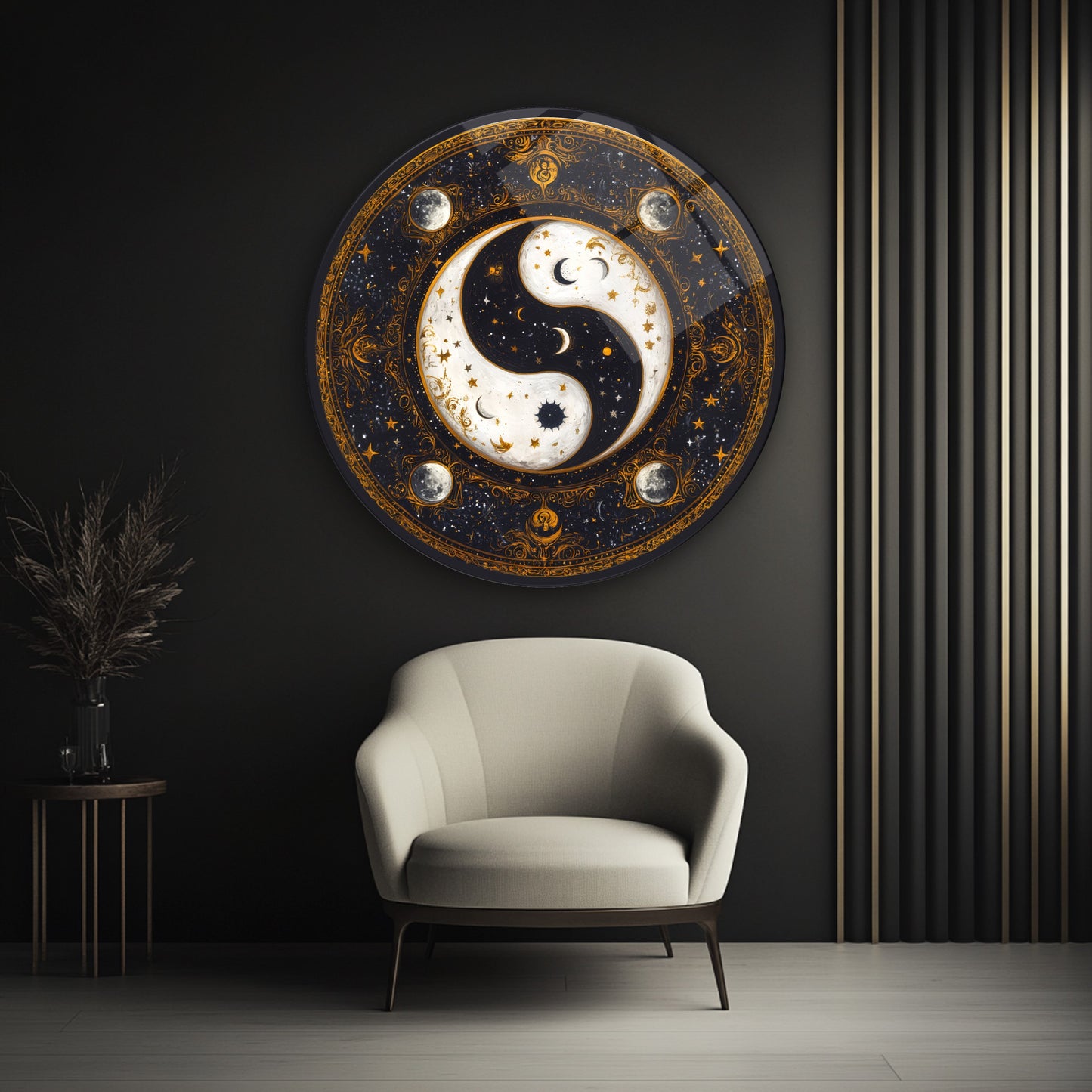 Gold Ying Yang Yuvarlak Cam Tablo