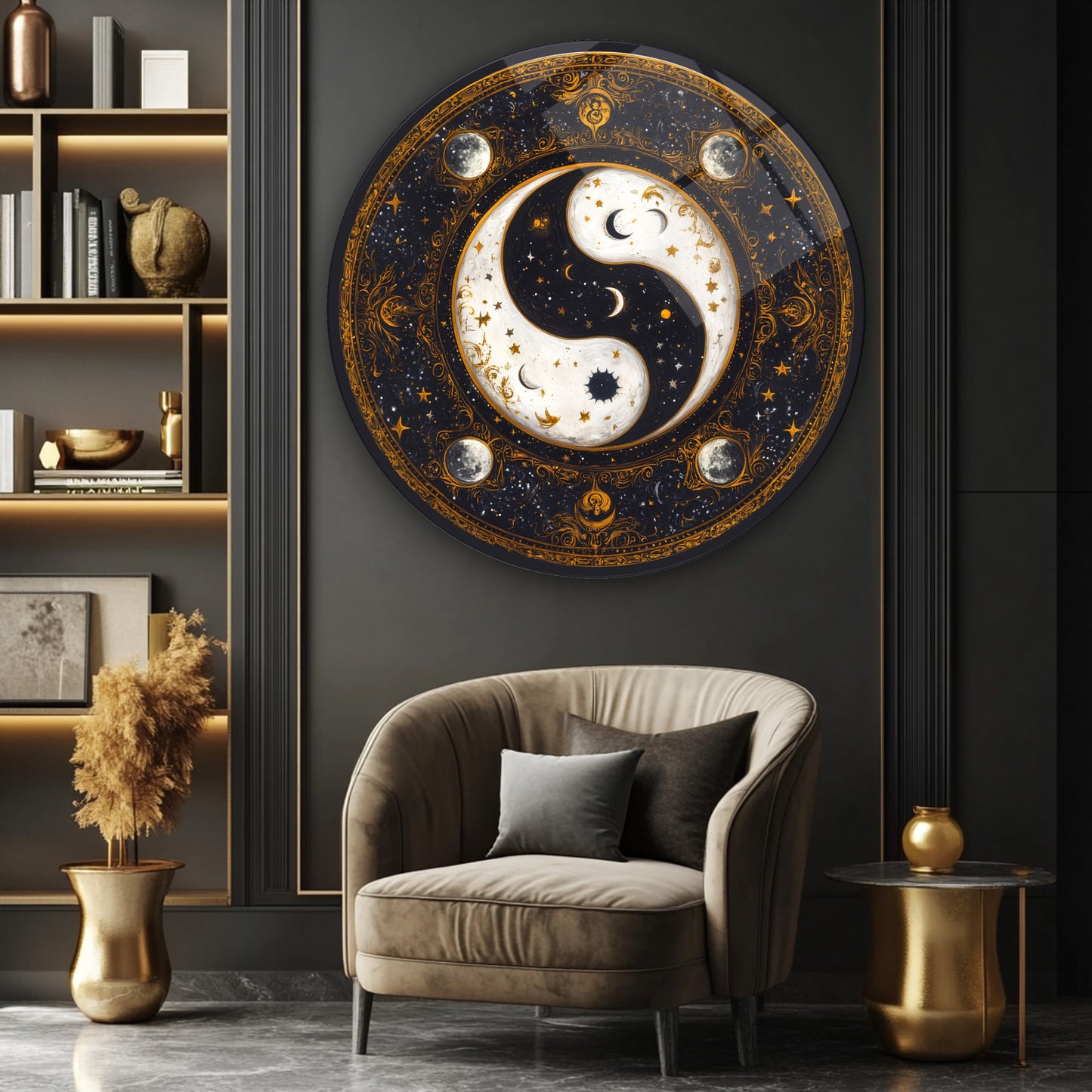 Gold Ying Yang Yuvarlak Cam Tablo