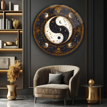 Gold Ying Yang Yuvarlak Cam Tablo