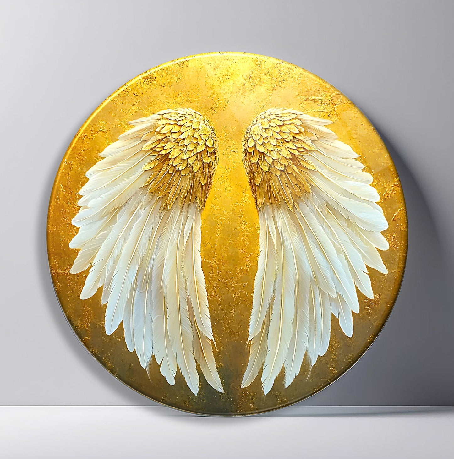 Gold Beyaz Melek Kanadı Yuvarlak Cam Tablo