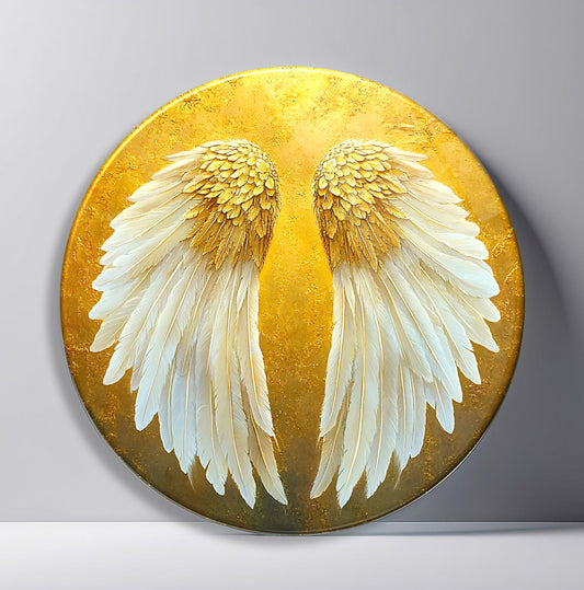 Gold Beyaz Melek Kanadı Yuvarlak Cam Tablo