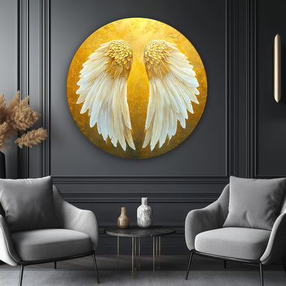 Gold Beyaz Melek Kanadı Yuvarlak Cam Tablo