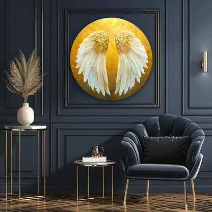 Gold Beyaz Melek Kanadı Yuvarlak Cam Tablo
