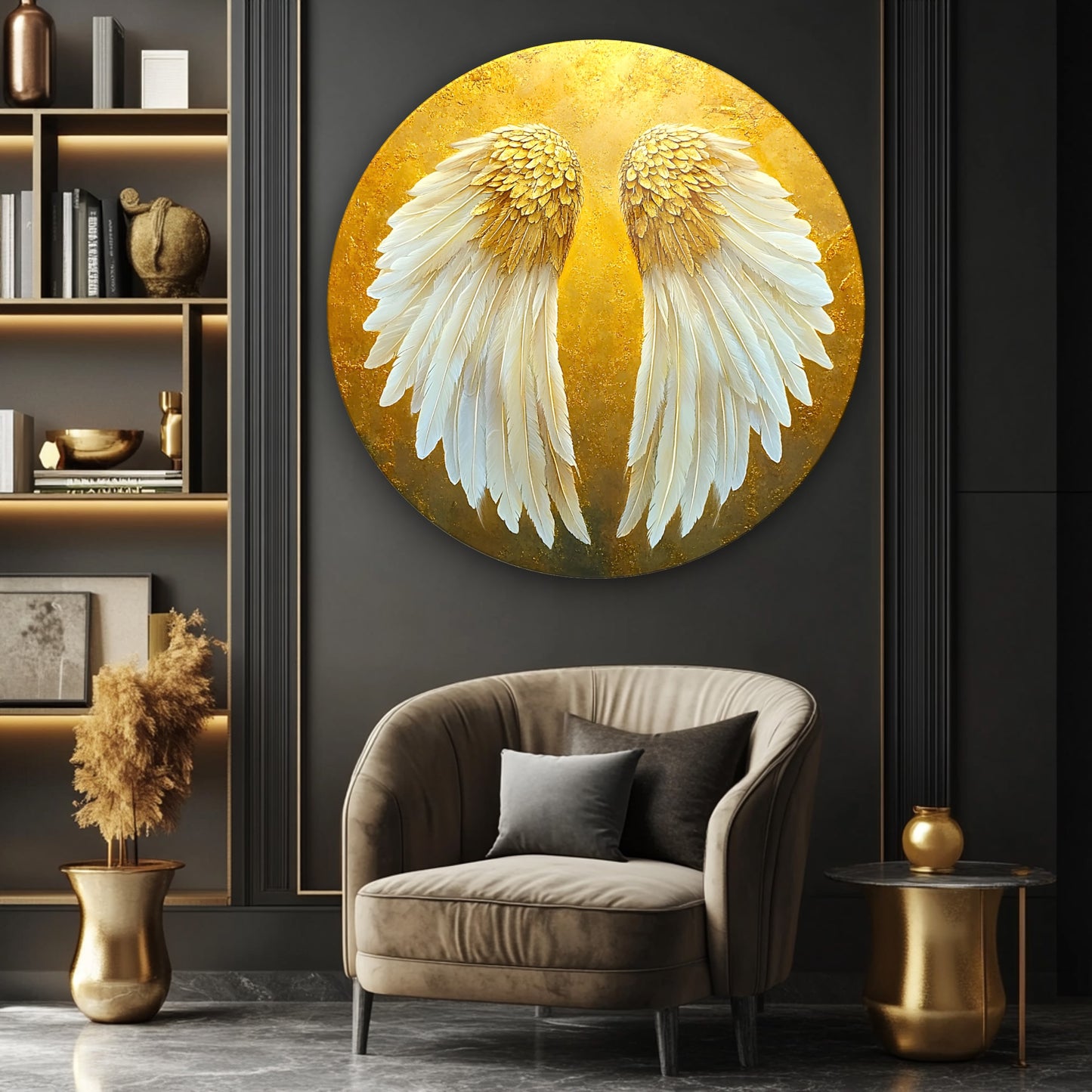 Gold Beyaz Melek Kanadı Yuvarlak Cam Tablo
