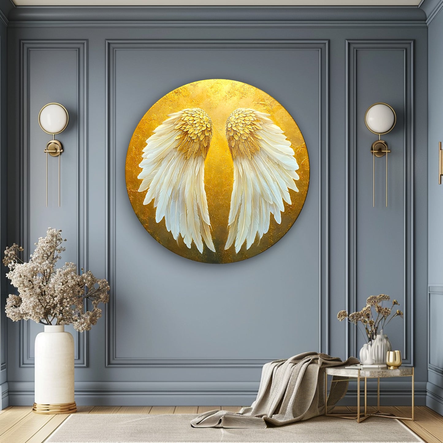 Gold Beyaz Melek Kanadı Yuvarlak Cam Tablo