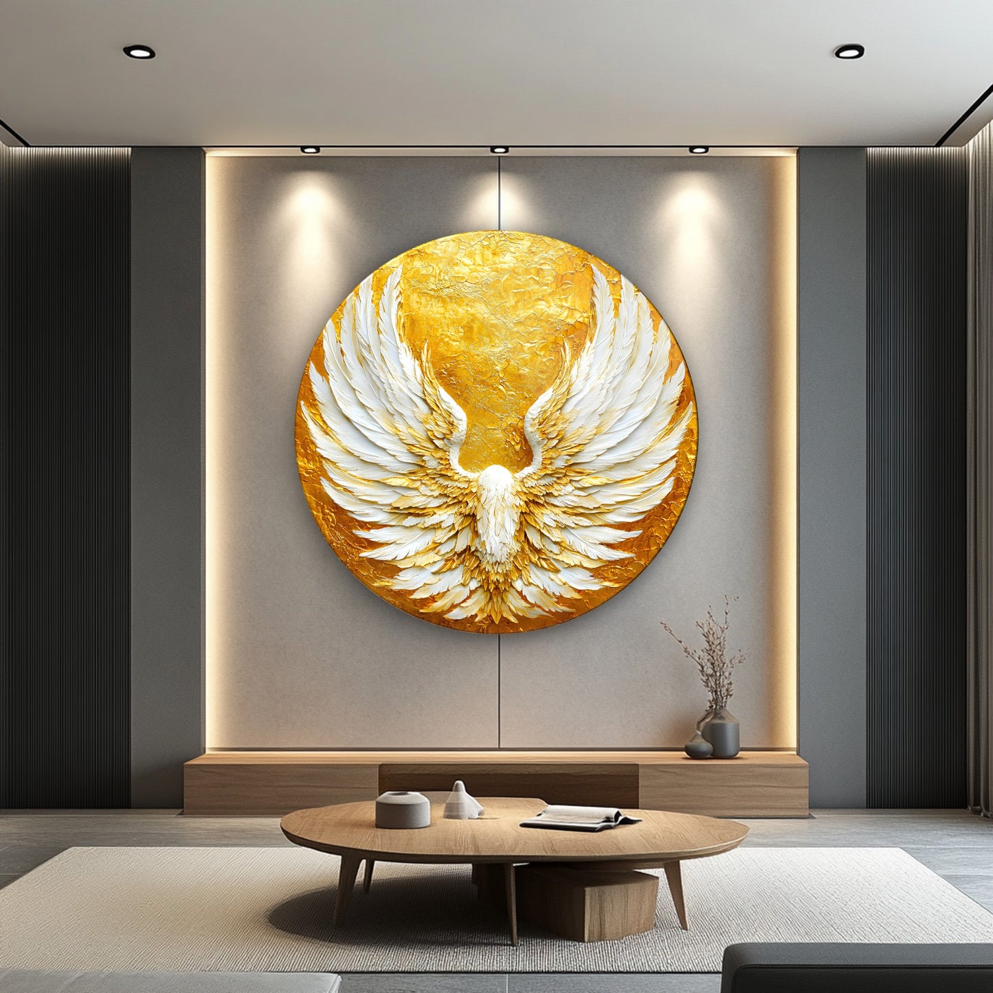 Gold Beyaz Melek Kanadı Yuvarlak Cam Tablo