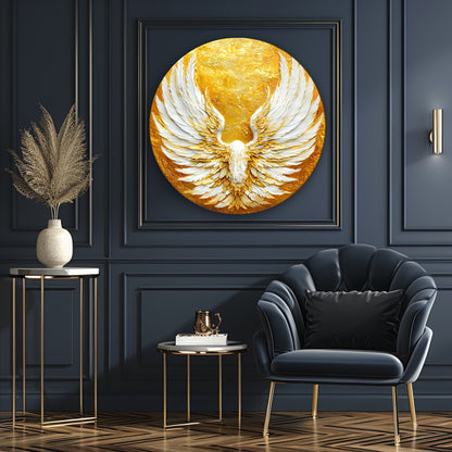 Gold Beyaz Melek Kanadı Yuvarlak Cam Tablo