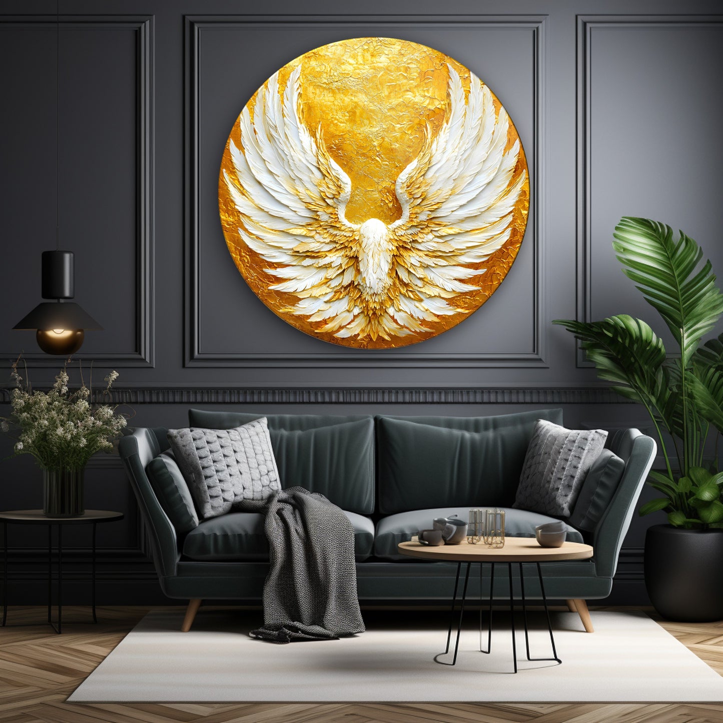 Gold Beyaz Melek Kanadı Yuvarlak Cam Tablo