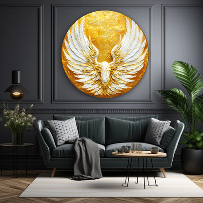 Gold Beyaz Melek Kanadı Yuvarlak Cam Tablo
