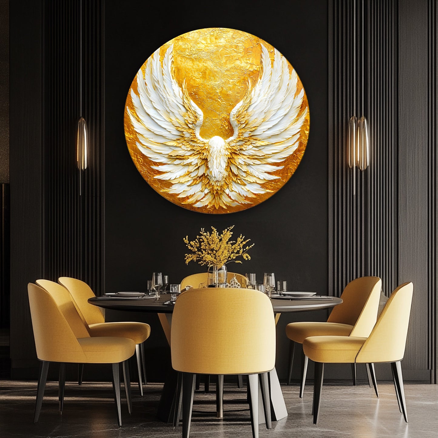 Gold Beyaz Melek Kanadı Yuvarlak Cam Tablo