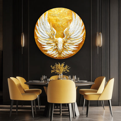 Gold Beyaz Melek Kanadı Yuvarlak Cam Tablo