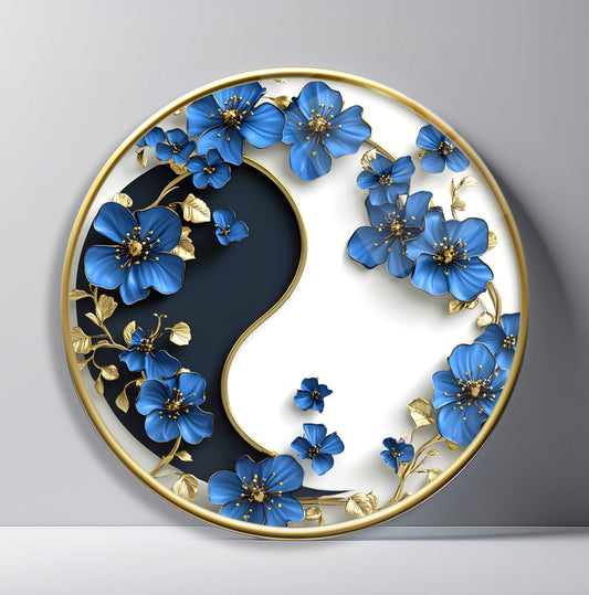 Çiçekli Ying Yang Yuvarlak Cam Tablo