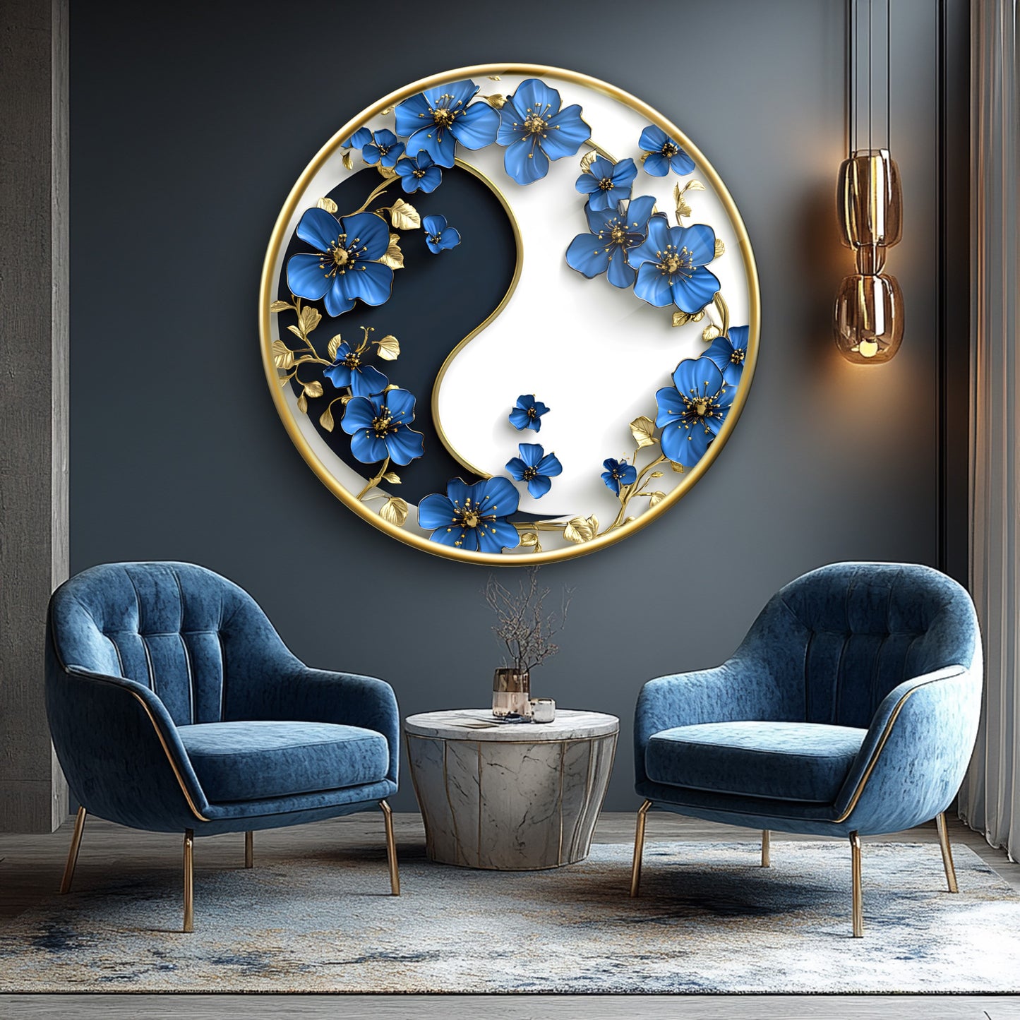 Çiçekli Ying Yang Yuvarlak Cam Tablo