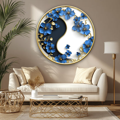 Çiçekli Ying Yang Yuvarlak Cam Tablo