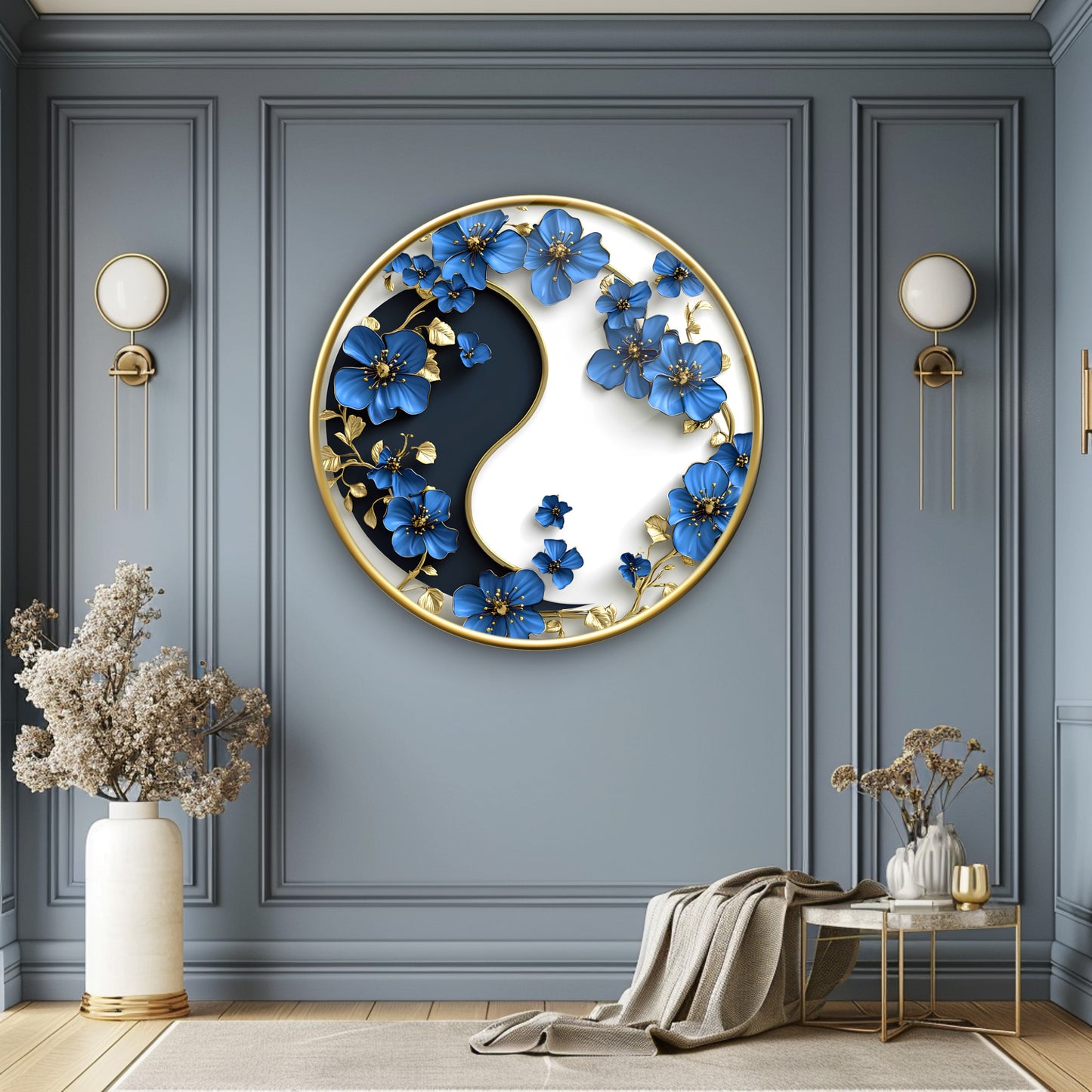 Çiçekli Ying Yang Yuvarlak Cam Tablo