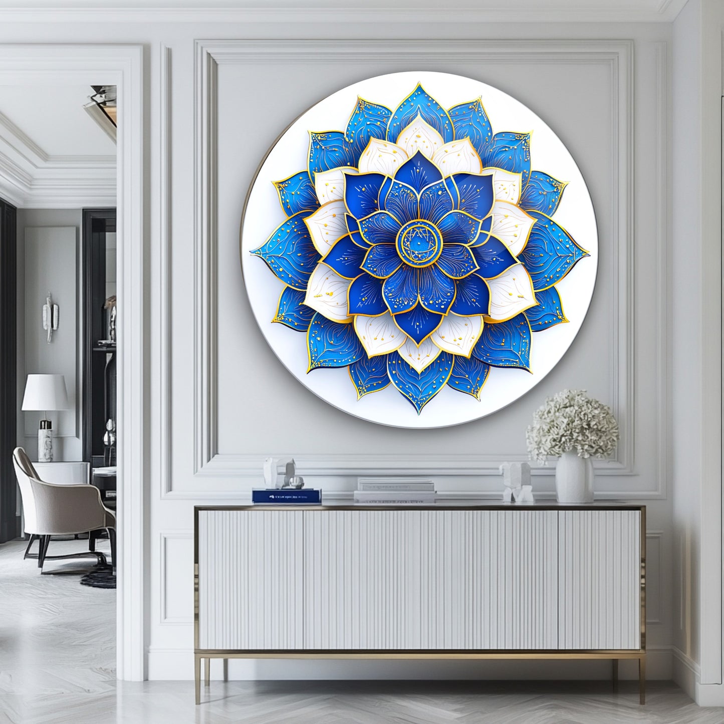 Mavi Gold Mandala Yuvarlak Cam Tablo