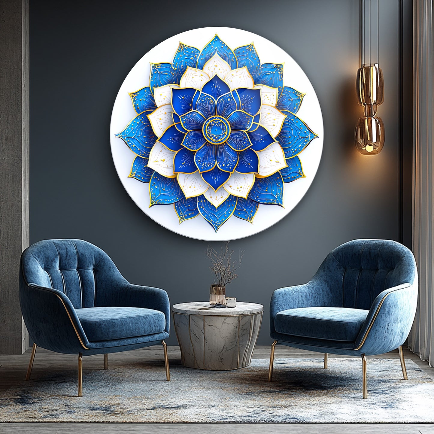 Mavi Gold Mandala Yuvarlak Cam Tablo