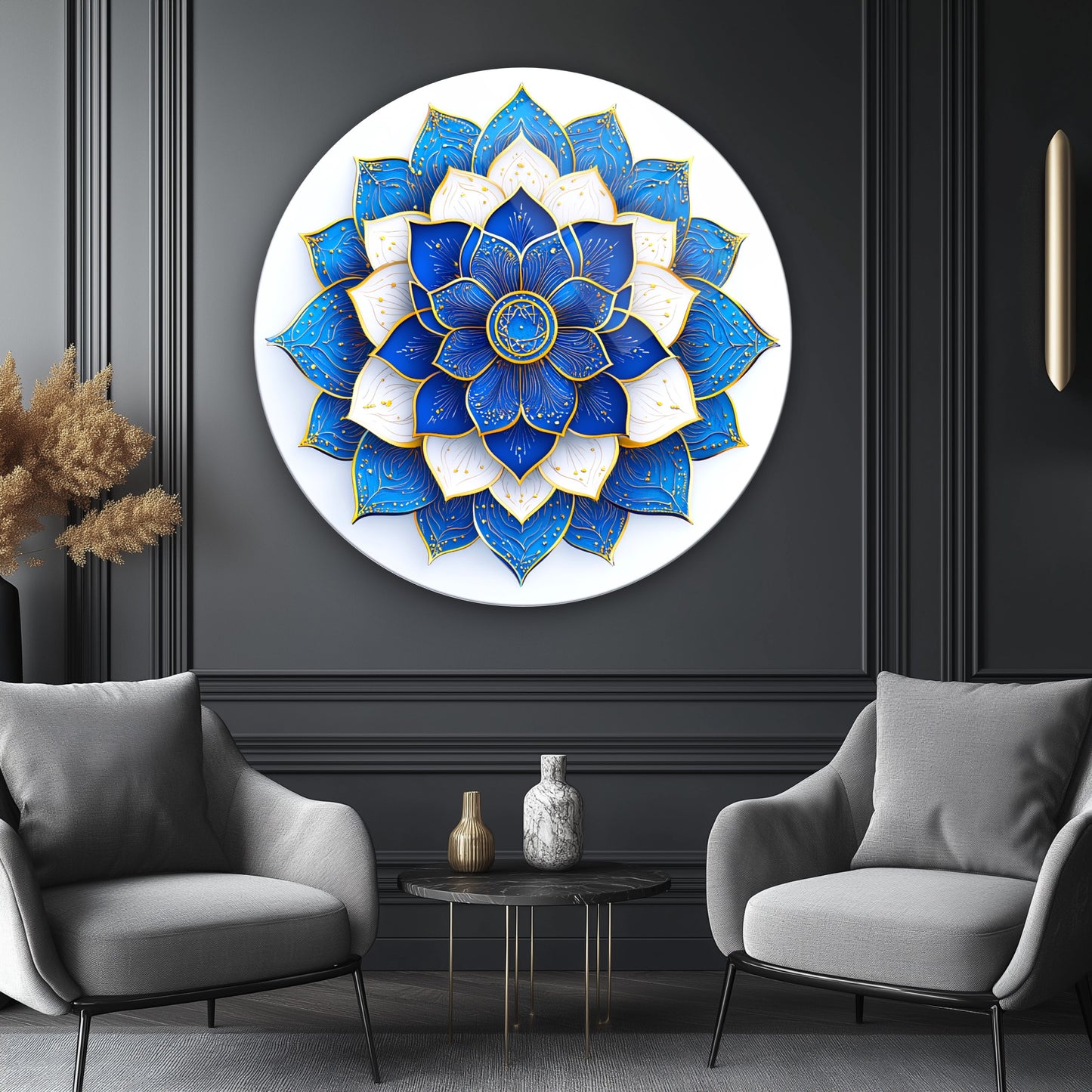 Mavi Gold Mandala Yuvarlak Cam Tablo