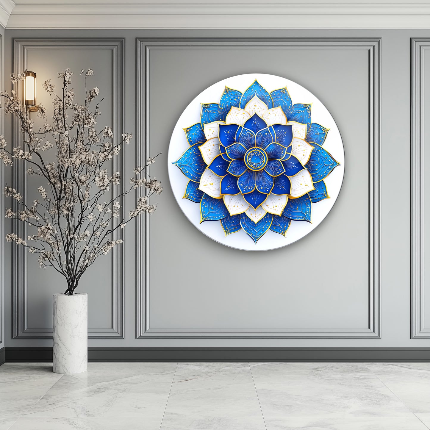 Mavi Gold Mandala Yuvarlak Cam Tablo