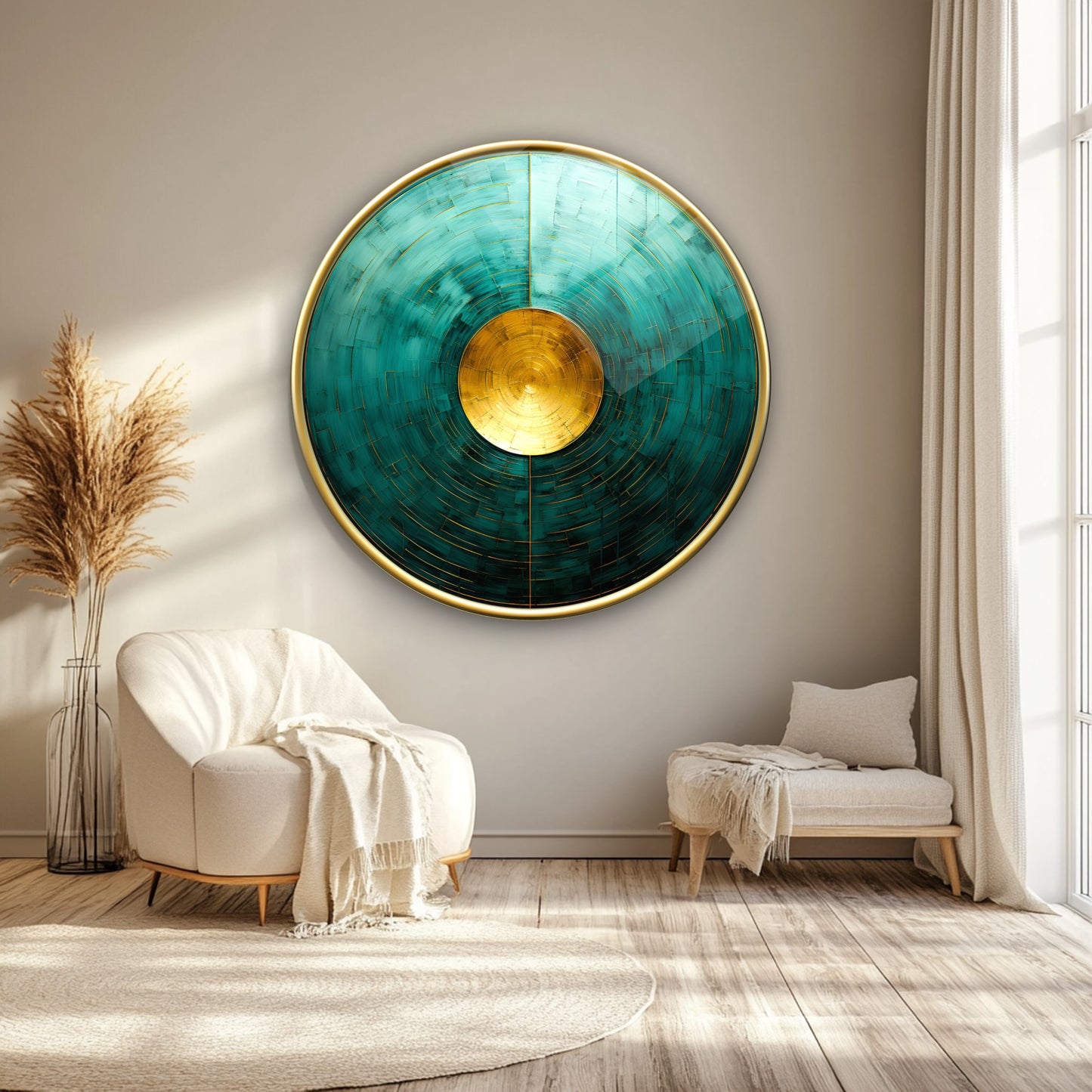 Soyut Gold Yeşil Yuvarlak Cam Tablo