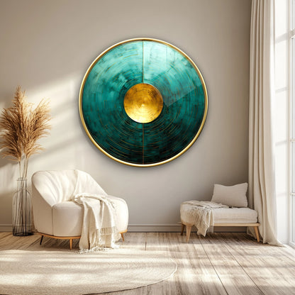 Soyut Gold Yeşil Yuvarlak Cam Tablo
