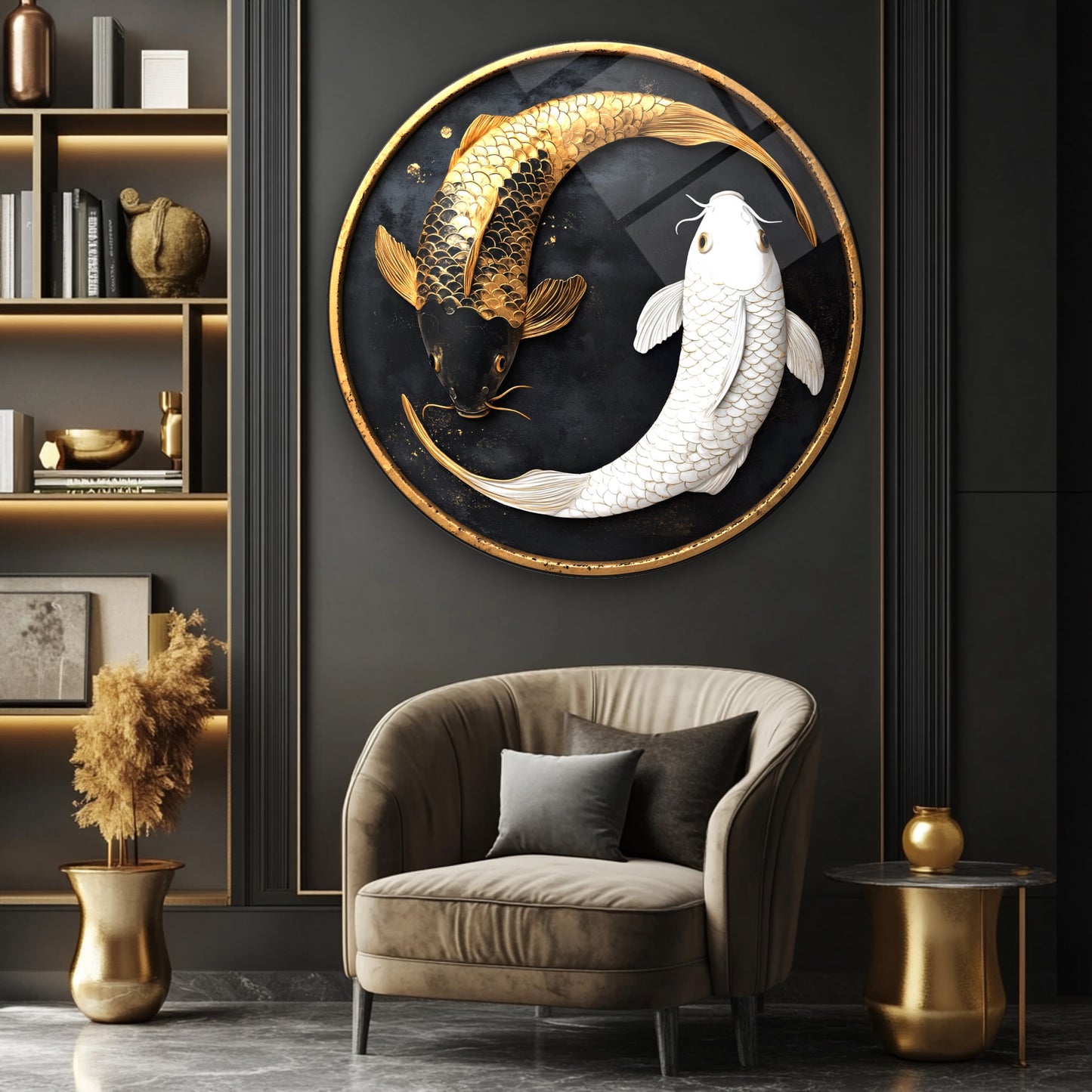 Beyaz Gold Balıklar Yuvarlak Cam Tablo