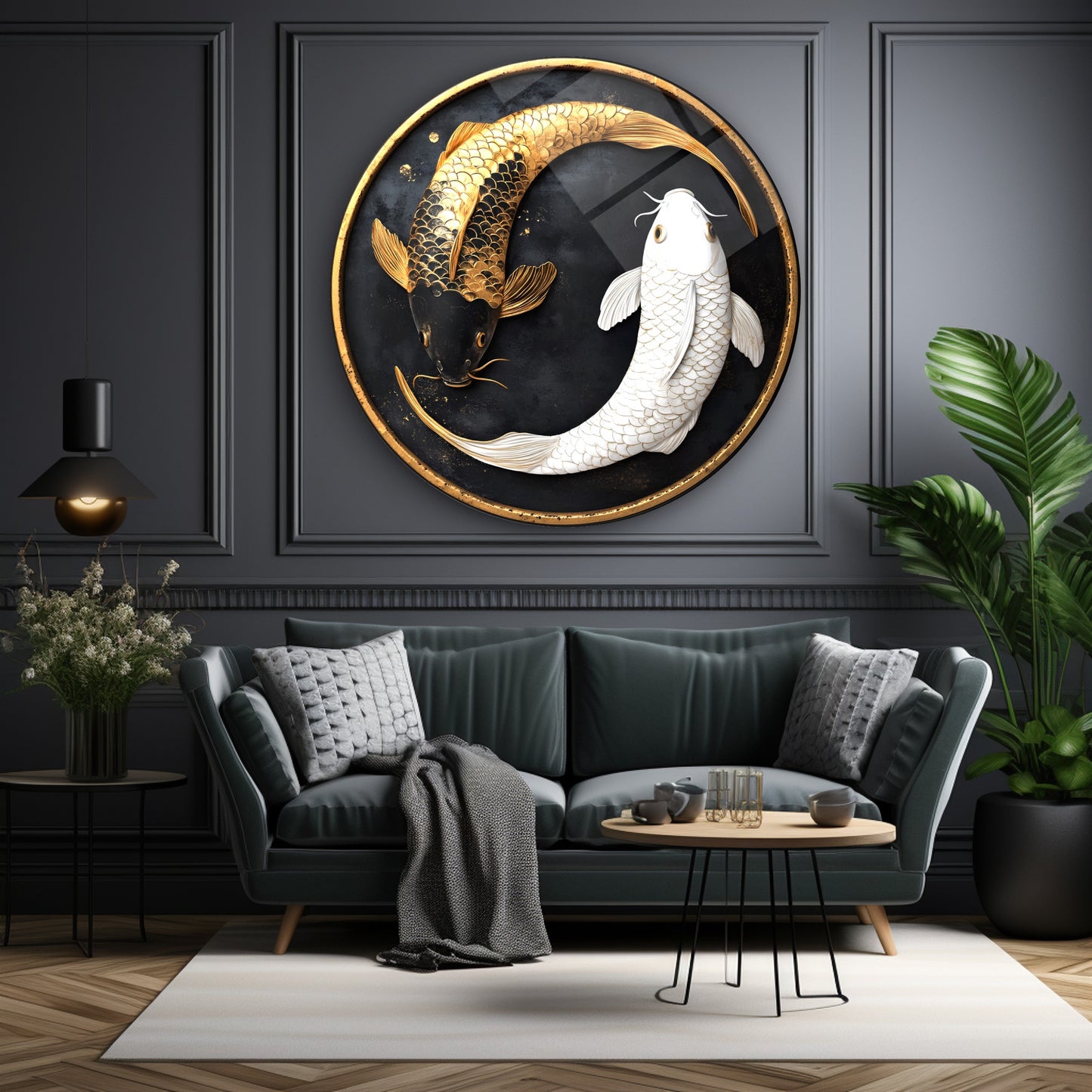 Beyaz Gold Balıklar Yuvarlak Cam Tablo