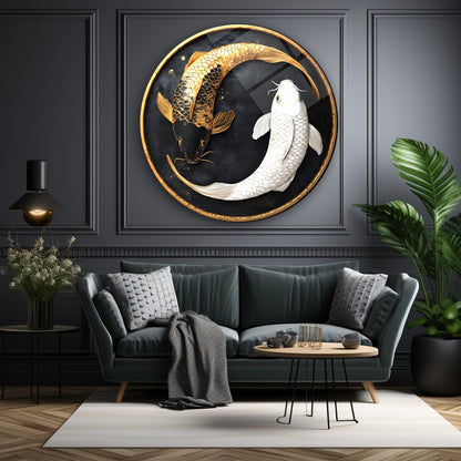 Beyaz Gold Balıklar Yuvarlak Cam Tablo