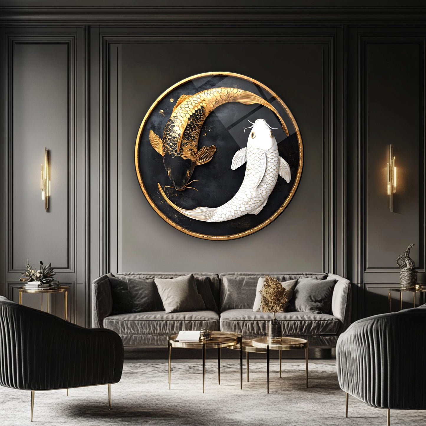 Beyaz Gold Balıklar Yuvarlak Cam Tablo
