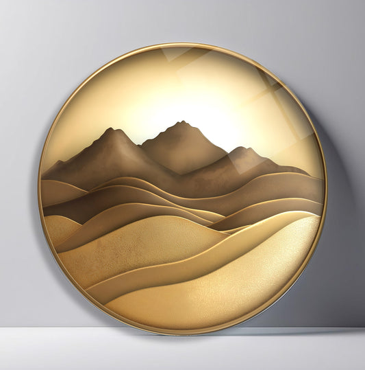 Gold Soyut Dağ Manzarası Yuvarlak Cam Tablo