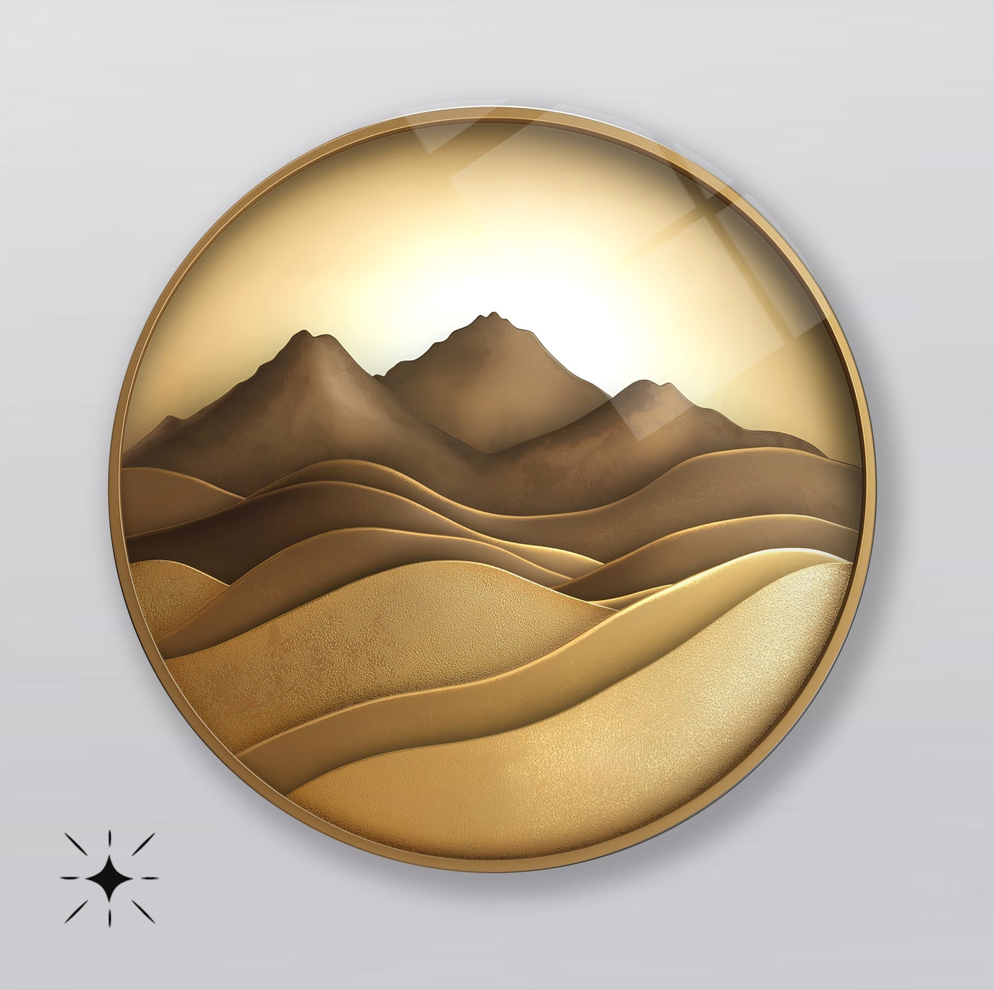 Gold Soyut Dağ Manzarası Yuvarlak Cam Tablo