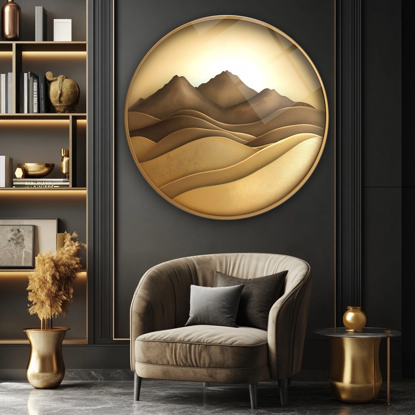 Gold Soyut Dağ Manzarası Yuvarlak Cam Tablo