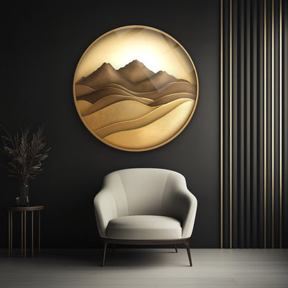 Gold Soyut Dağ Manzarası Yuvarlak Cam Tablo