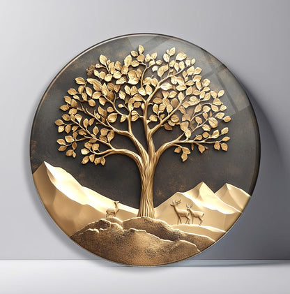 Geyikli Gold Hayat Ağacı Yuvarlak Cam Tablo