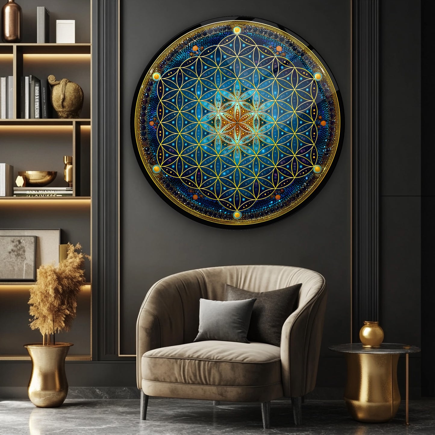 Mavi Gold Yaşam Çiçeği Yuvarlak Cam Tablo