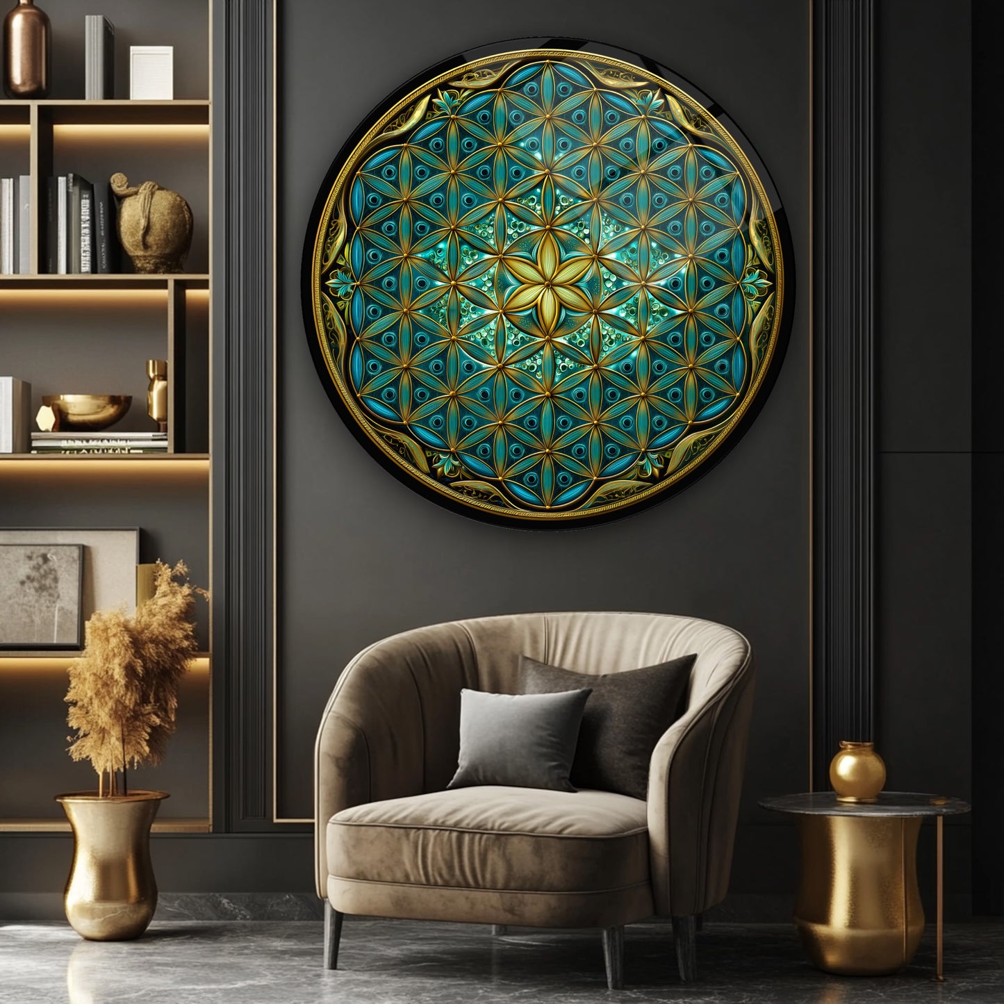 Yeşil Gold Yaşam Çiçeği Yuvarlak Cam Tablo