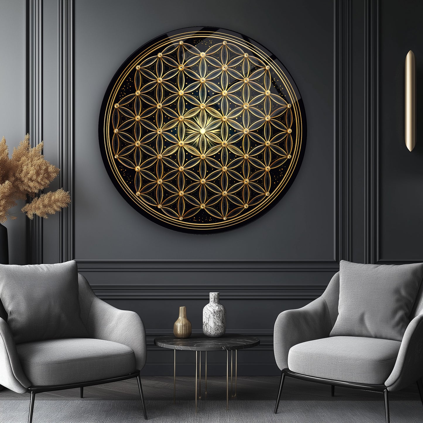 Gold Yaşam Çiçeği Yuvarlak Cam Tablo