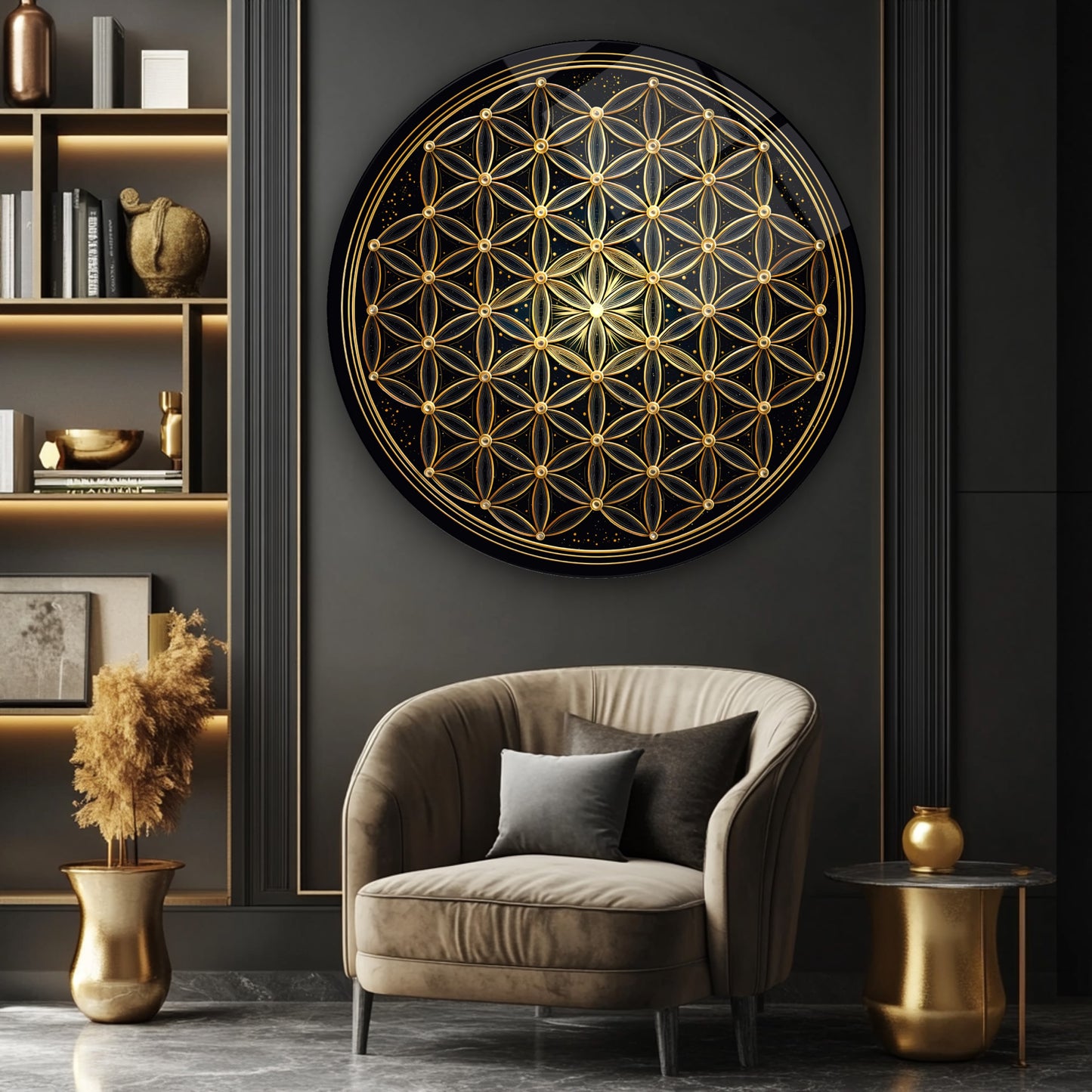 Gold Yaşam Çiçeği Yuvarlak Cam Tablo
