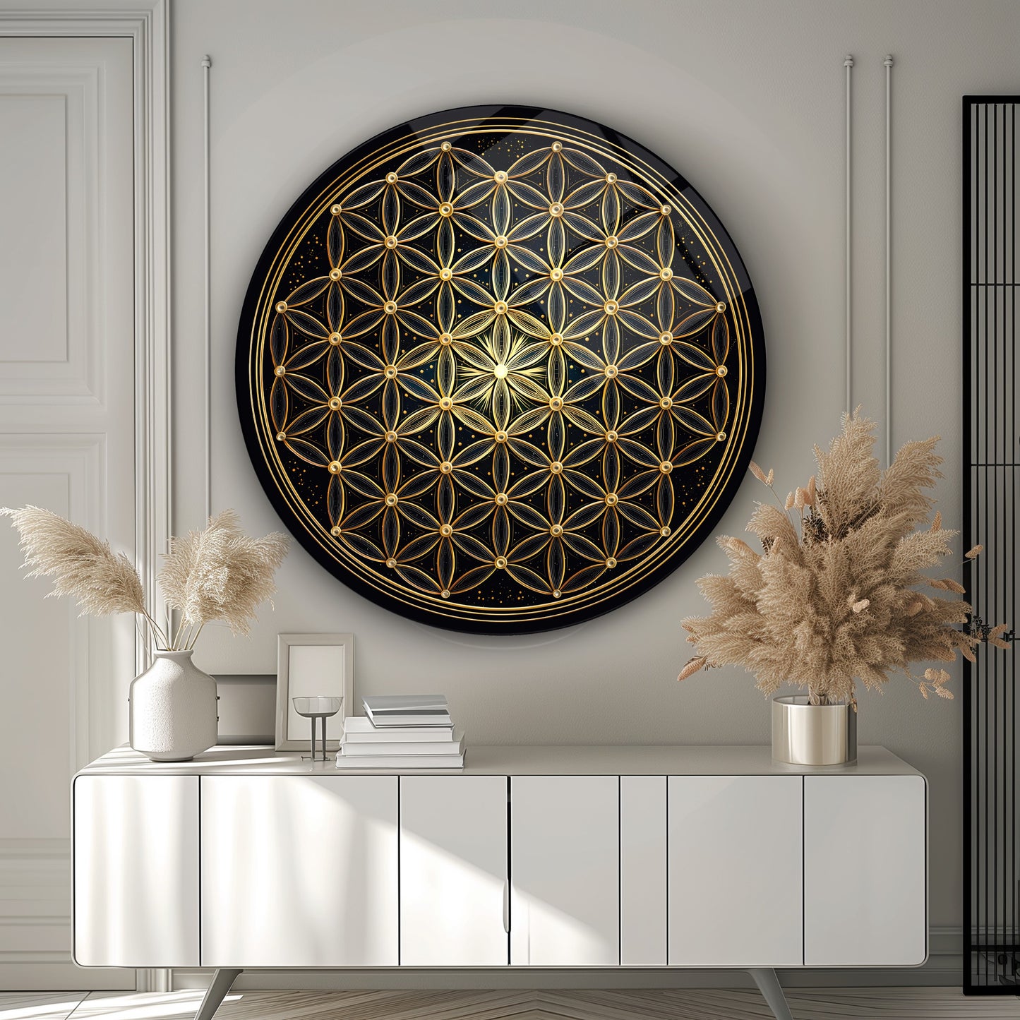 Gold Yaşam Çiçeği Yuvarlak Cam Tablo