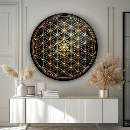 Gold Yaşam Çiçeği Yuvarlak Cam Tablo