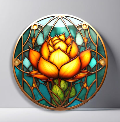 Vitray Desen Sarı Çiçek Yuvarlak Cam Tablo