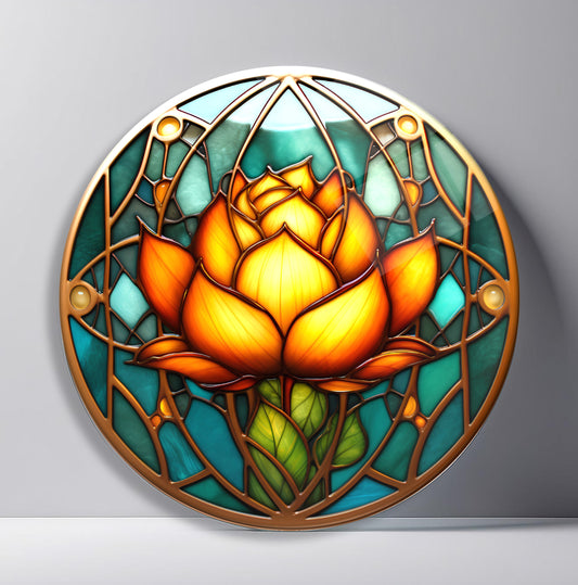 Vitray Desen Sarı Çiçek Yuvarlak Cam Tablo