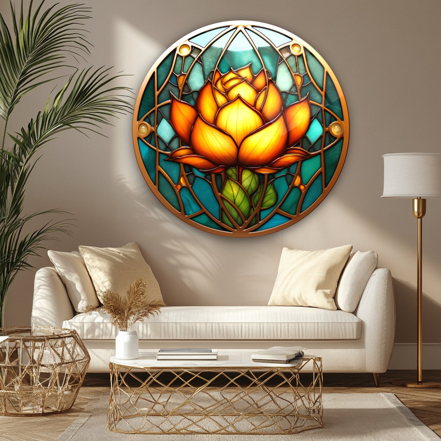 Vitray Desen Sarı Çiçek Yuvarlak Cam Tablo