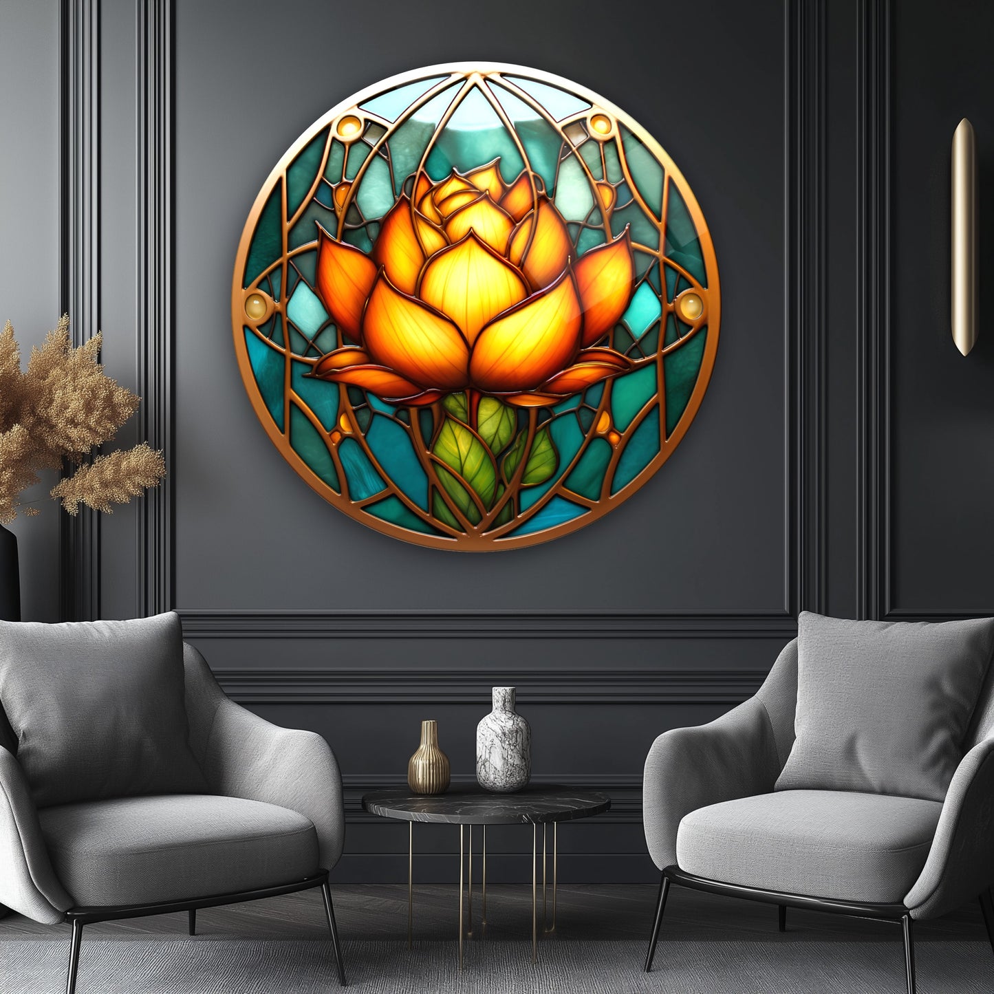 Vitray Desen Sarı Çiçek Yuvarlak Cam Tablo
